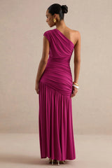 Alaya | Hot Pink Asymmetric-Neck Maxi Dress With Drop-Waist