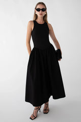POPLIN RIB-KNIT DROP WAIST MIDI DRESS