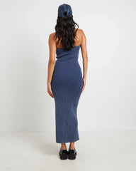 Kiah Acid Rib Knit Bandeau Midi Dress in Blue