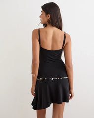 Gussie Mini Dress with Shell Trim in Cupro Black