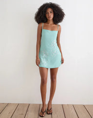 Gelora Mini Dress in Chiffon Floral Sequin Turquoise