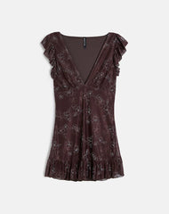 Motarika Mini Dress in Doodle Flower Flock Brown