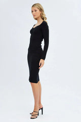 Black Midi Dress Long Sleeve Sweetheart Neckline Knit