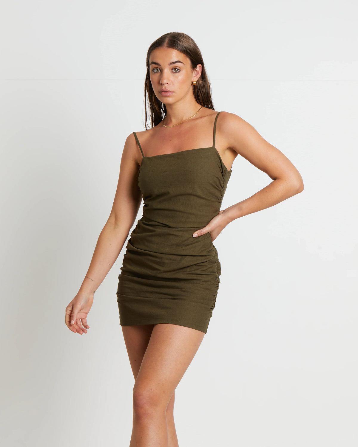 Jorje Gather Mini Dress in Olive Green