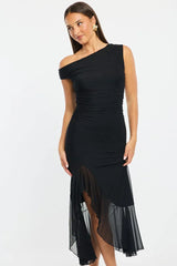 Black Maxi Dress Asymmetric Shoulder Mesh