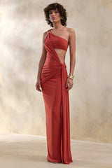 Clarosia | Rust Asymmetric-Neck Maxi Dress With Cut-Out With Sash