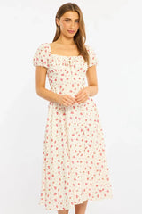 Red Ditsy Midi Dress Puff Sleeve