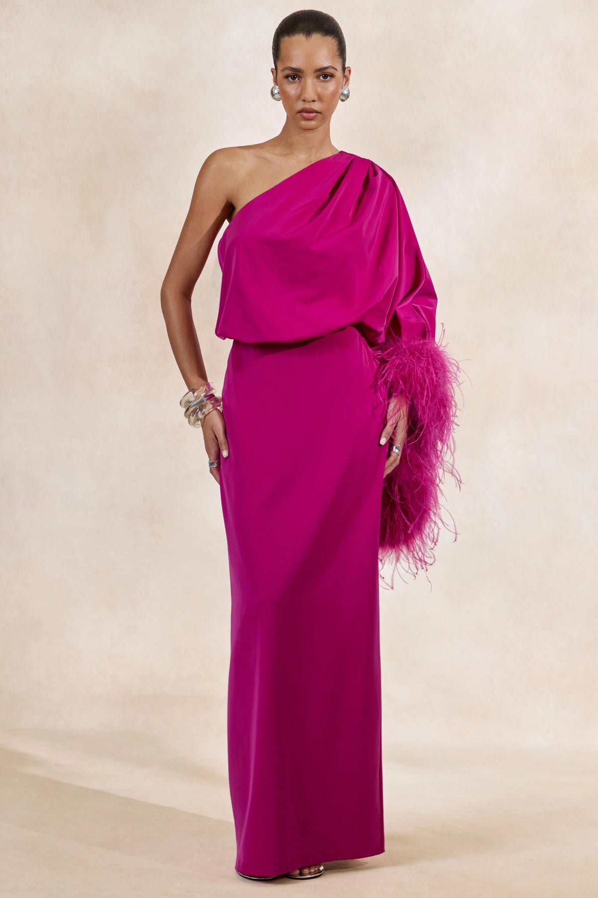 Felicity | Hot Pink Satin Asymmetric-Neck Maxi Dress With Feather Detailing
