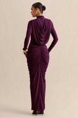 Harmona | Dark Plum High-Neck Maxi Dress With Gathered And Draped-Detailing