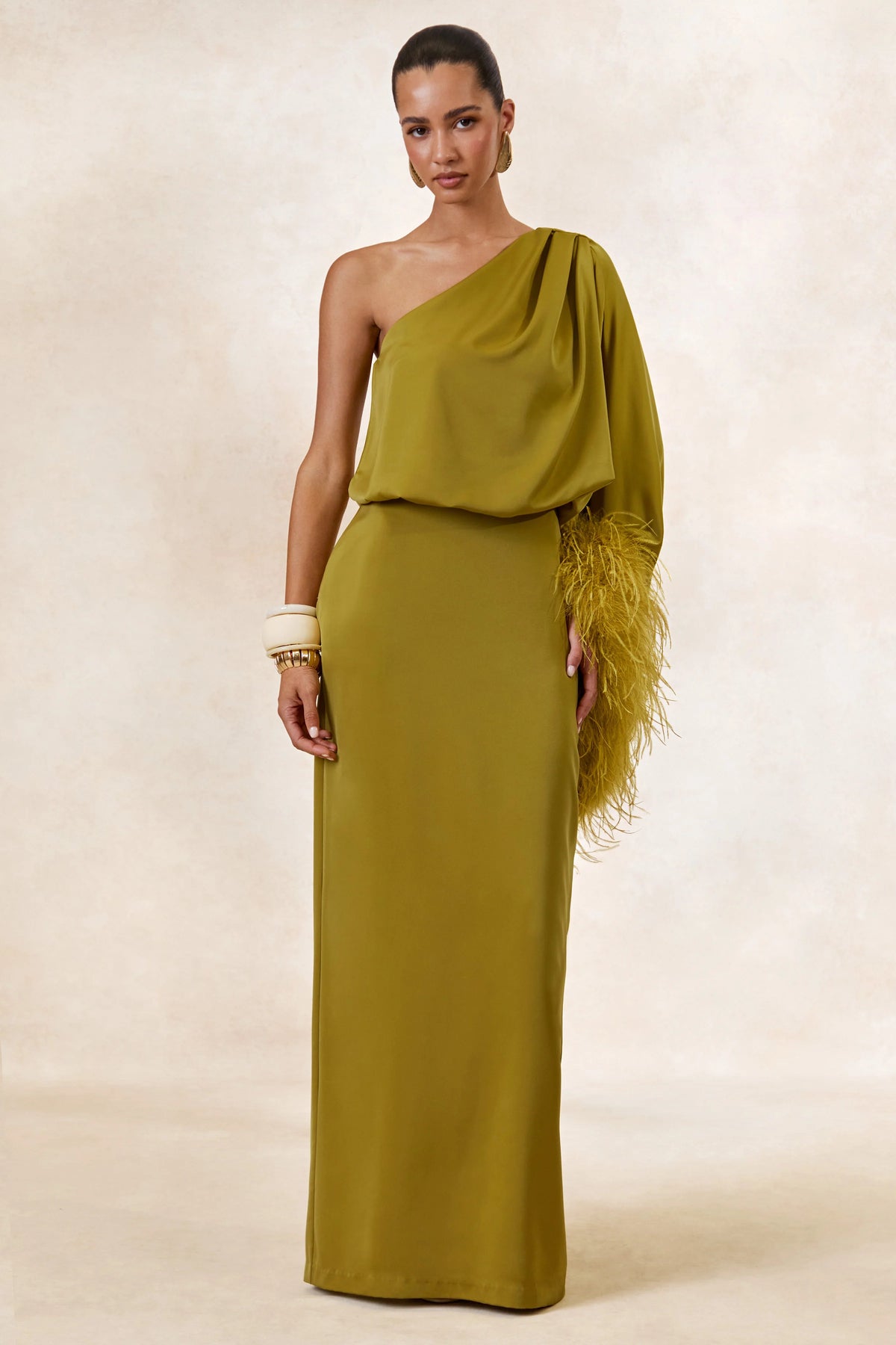 Felicity | Olive Satin Asymmetric-Neck Maxi Dress With Feather Detailing