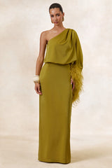 Felicity | Olive Satin Asymmetric-Neck Maxi Dress With Feather Detailing