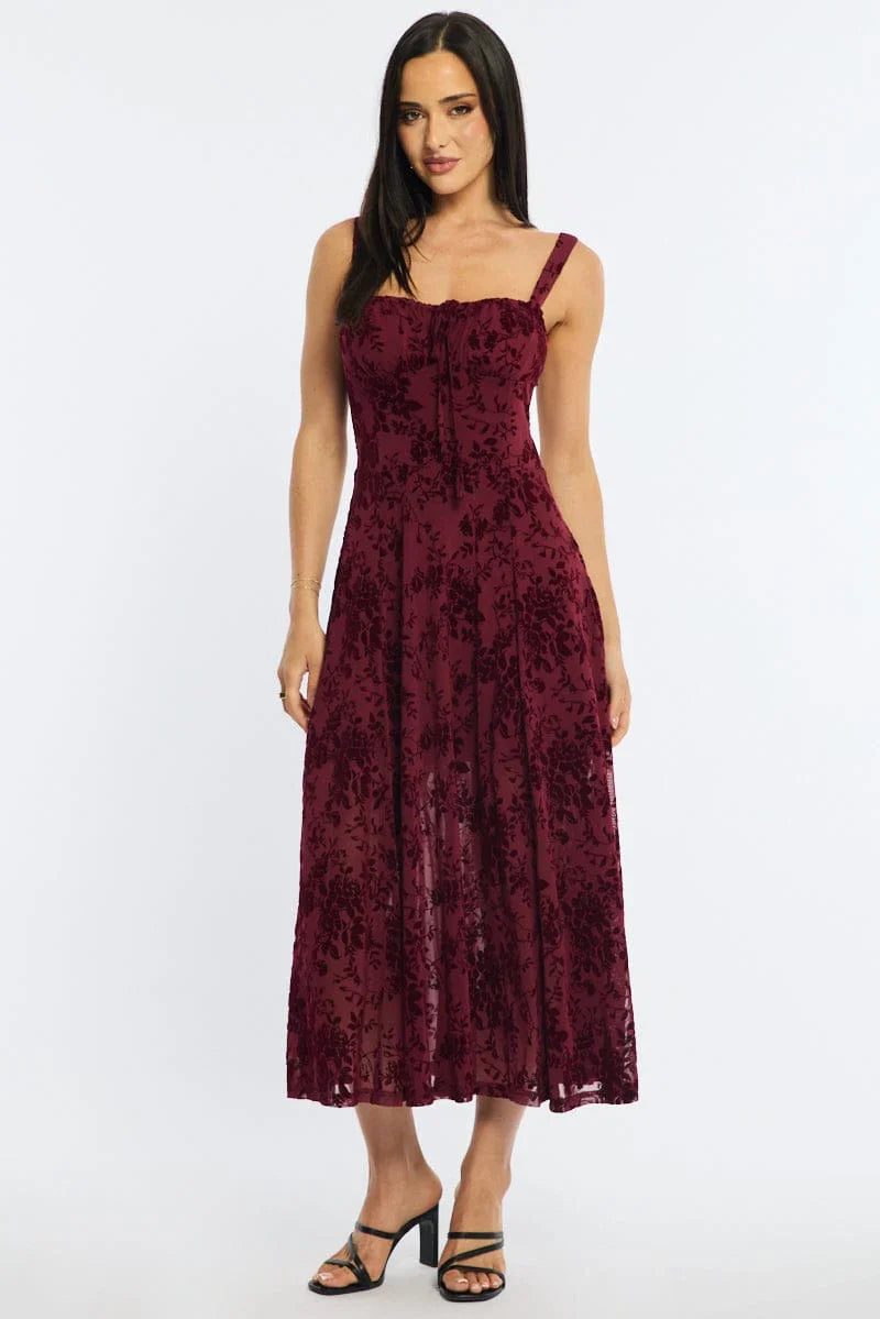 Red Midi Dress Ruched Bust