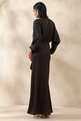 Perla | Dark Brown High-Neck Maxi Dress With Gathered-Detailing