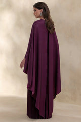 Loradia | Dark Plum Satin Round-Neck Maxi Dress With Cape-Sleeves And Pleated-Skirt