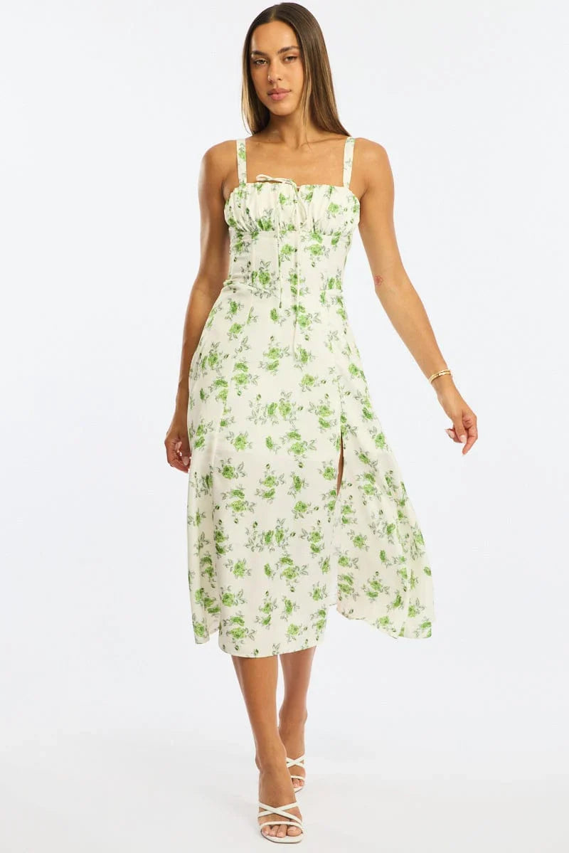 Green Floral Midi Dress Gathered Bust