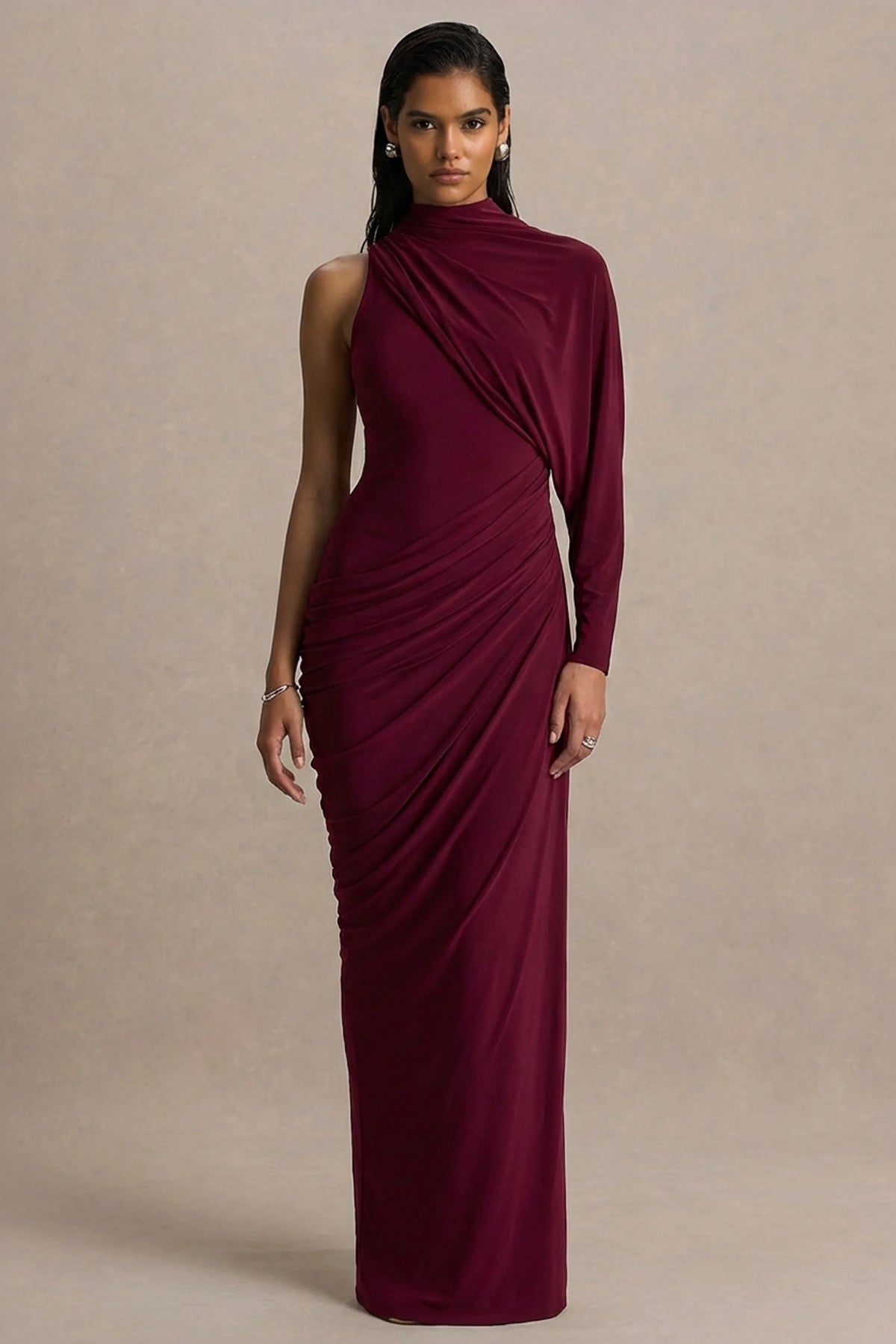 Aphra | Burgundy High-Neck Maxi Dress With Cape-Sleeve