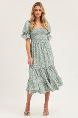 Print Puff Sleeve Tiered Maxi Dress