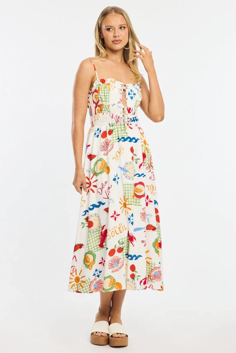 Red Abstract Midi Dress Ribbon Detail Strappy