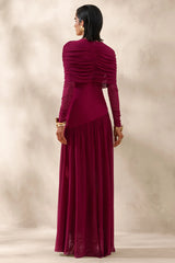 Enalia | Burgundy Mesh High-Neck Maxi Dress With Short-Cape