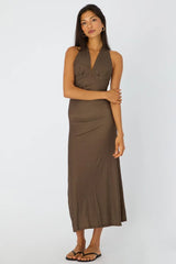 Brown Polka Dot Halter Neck Midi Dress