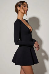 Bow-Detail Plunge-Neck A-Line Mini Dress in Black