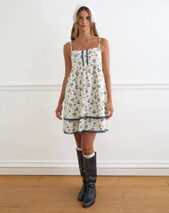 Gal Mini Dress in Ditsy Leaf Rose Navy