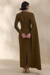 Jovea | Olive Round-Neck Maxi Dress With Cape-Sleeve