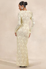 Exelia | Lemon Lace Plunge-Neck Maxi Dress With Long-Sleeves