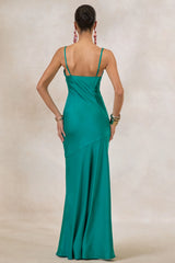Kyralie | Green Satin V-Neck Maxi Dress with Lace Trim