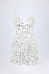 Embellished Ruffled Tiered Mini Dress in White