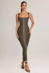 Modal Square-Neck Bodycon Midi Dress in Leopard Print