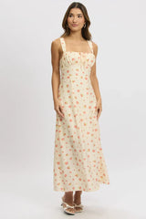 Pink Floral Midi Dress Gathered Bust
