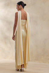 Stephanie | Lemon Sequin Bandeau Maxi Dress With Scarf