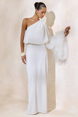 Felicity | White Satin Asymmetric-Neck Maxi Dress With Feather Detailing