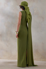 Isdelia | Green Asymmetric-Neck Maxi Dress With Cape-Sleeve