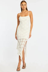 White Midi Dress Asymmetric Hem Lace