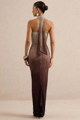 Thera | Brown Ombre Halter-Neck Maxi Dress With Gold Detail