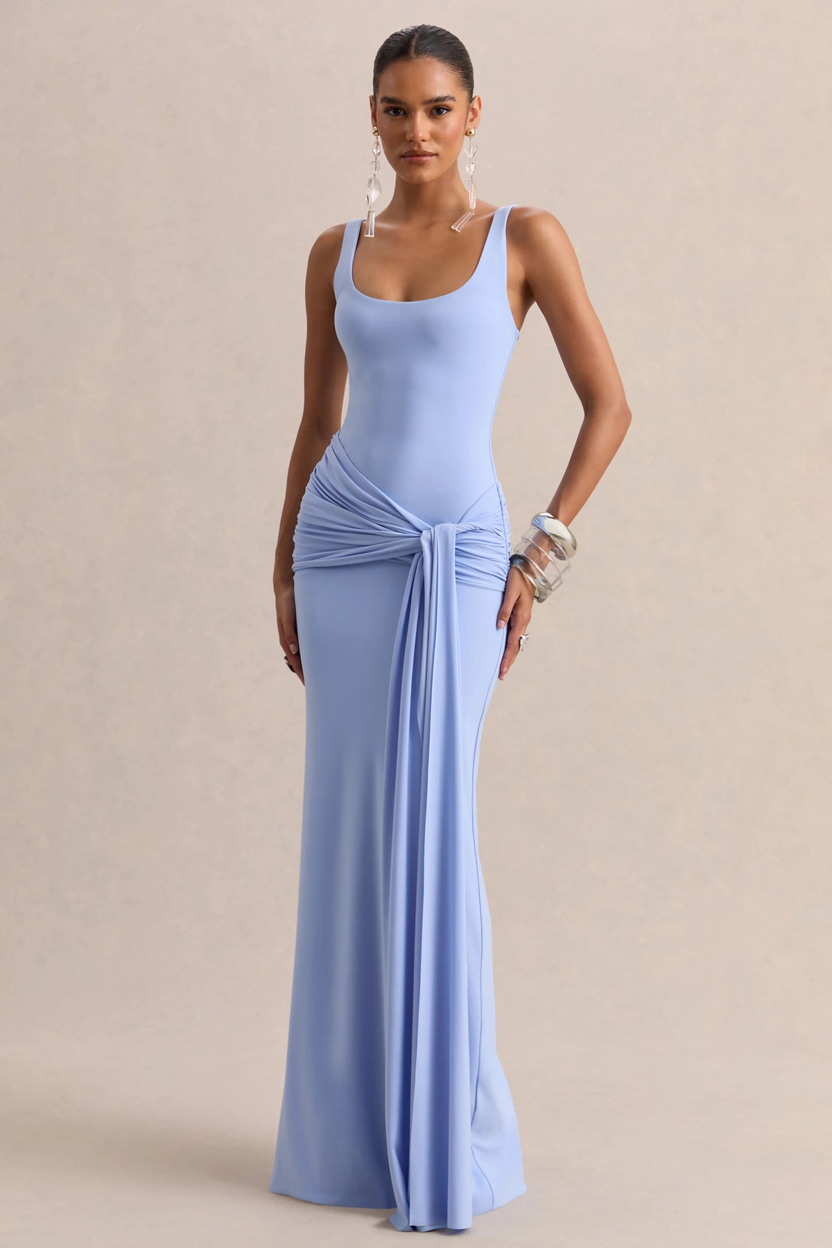 Lienna | Powder Blue Scoop-Neck Maxi Dress With Gathered-Detail And Sash