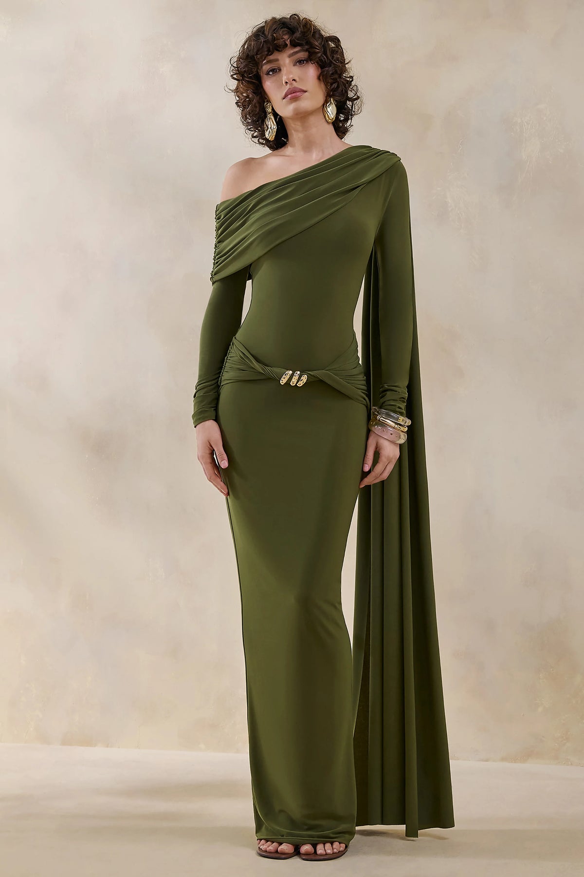 Bessy | Green Asymmetric-Neck Maxi Dress With Gathered-Detailing And Sash