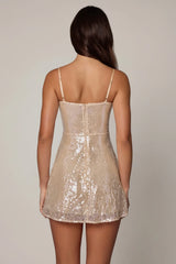 Embellished V-neck Lace Mini Dress in Pale Peach
