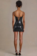Sequin Lace Corset Mini Dress in Black
