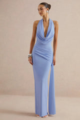 Maude | Light Blue Halter-Neck Draped Maxi Dress With Sash