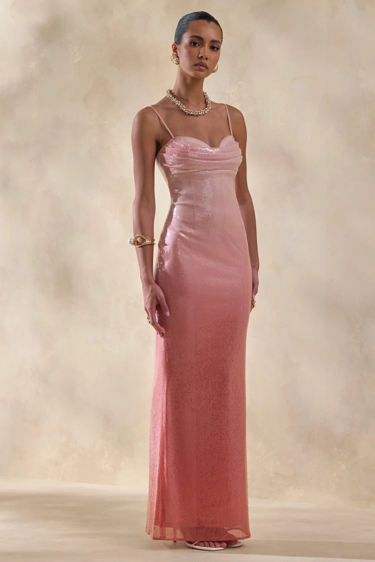 Feloria | Coral Ombre Sequin Cowl-Neck Maxi Dress