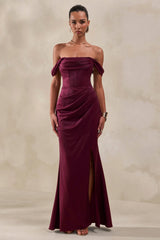 Celinea | Burgundy Satin Bardot-Neck Maxi Dress With Front-High Split