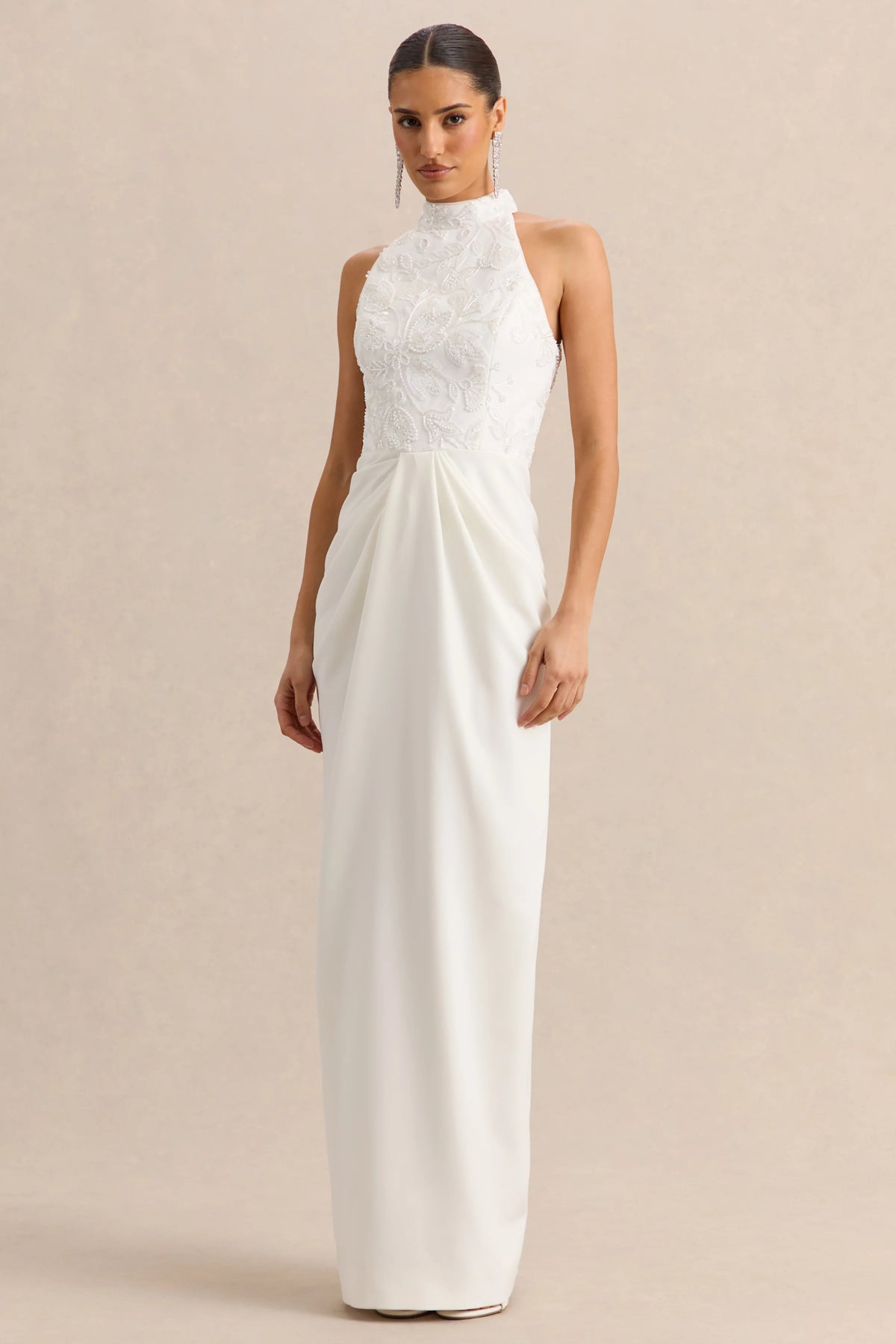 Charlotte | White Halter-Neck Maxi Dress With Gathered-Detailing