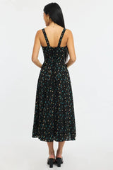 Black Ditsy Midi Dress Gathered Bust