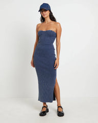 Kiah Acid Rib Knit Bandeau Midi Dress in Blue