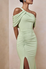 Nala | Mint Asymmetric-Neck Maxi Dress With Gathered Detailing