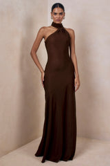 Cara | Brown Matte Satin High-Neck Maxi Dress
