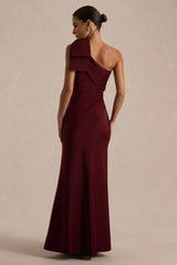 Josephine | Burgundy Matte Satin Asymmetric-Neck Maxi Dress With Bow Detail